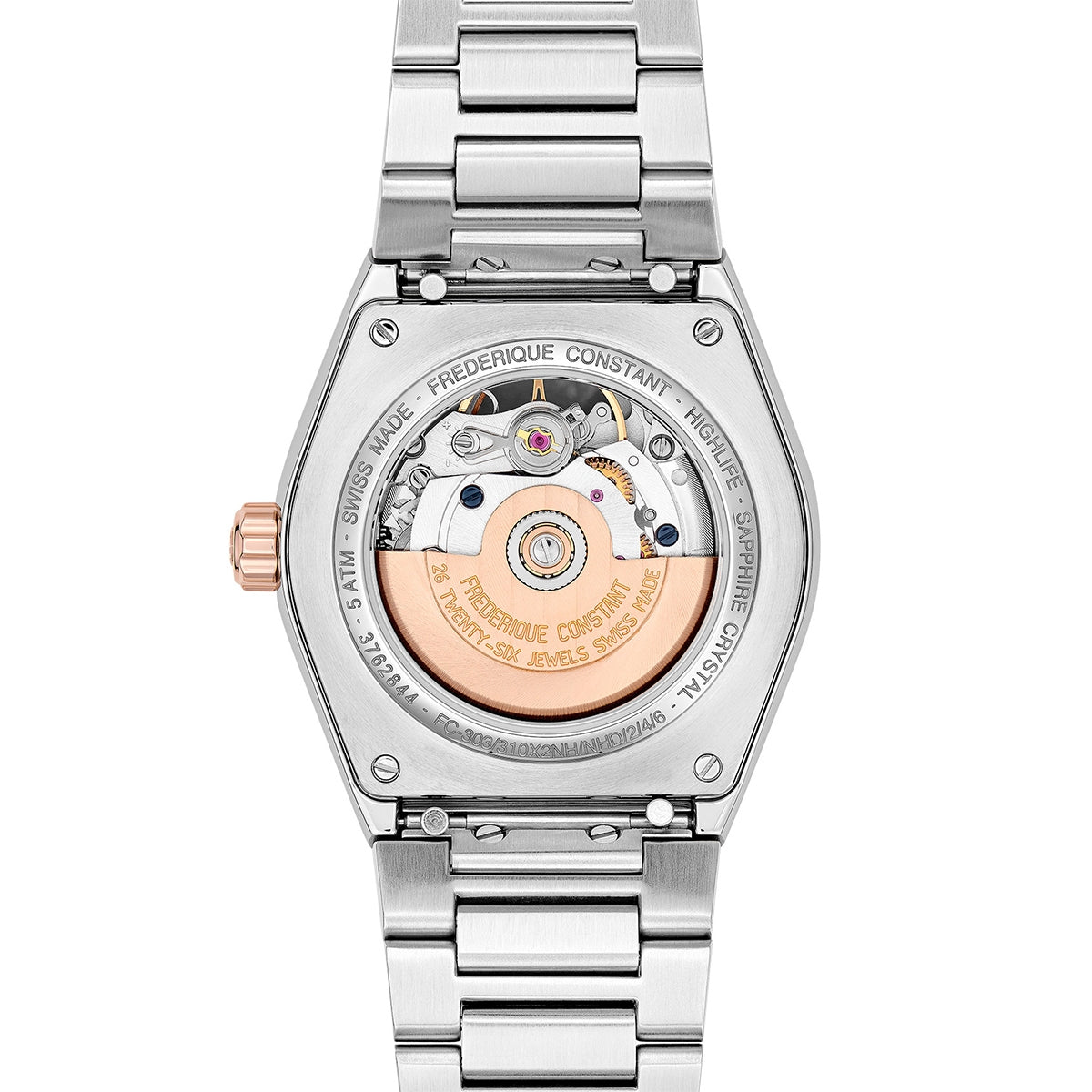 Frederique Constant Ladies' Highlife Heart Beat Automatic Two-Tone Stainless Steel Watch with White Dial front view