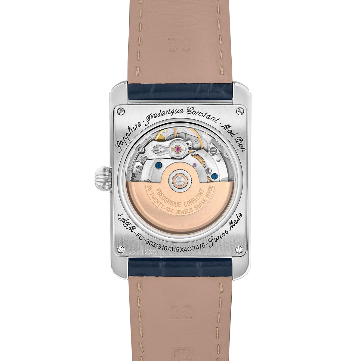 Frederique Constant Men's Carree Heart Beat Automatic Stainless Steel watch with Blue Dial & Leather Strap front view