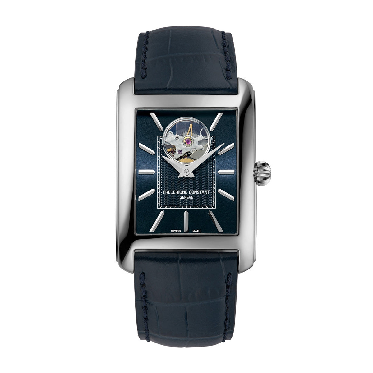 Frederique Constant Men's Carree Heart Beat Automatic Stainless Steel watch with Blue Dial & Leather Strap