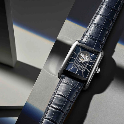 Frederique Constant Men's Carree Heart Beat Automatic Stainless Steel watch with Blue Dial & Leather Strap close-up detail