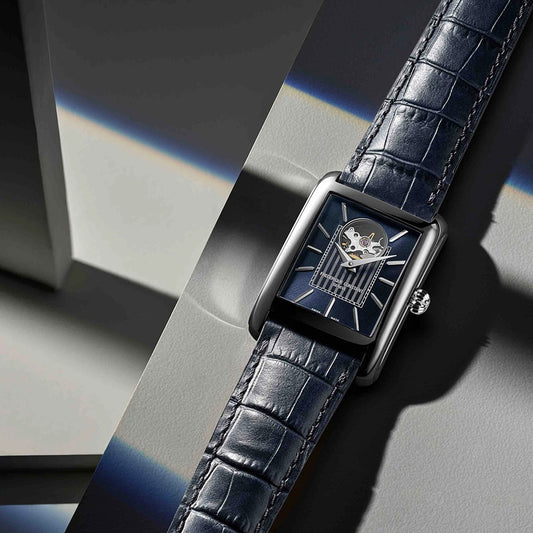 Frederique Constant Men's Carree Heart Beat Automatic Stainless Steel watch with Blue Dial & Leather Strap close-up detail