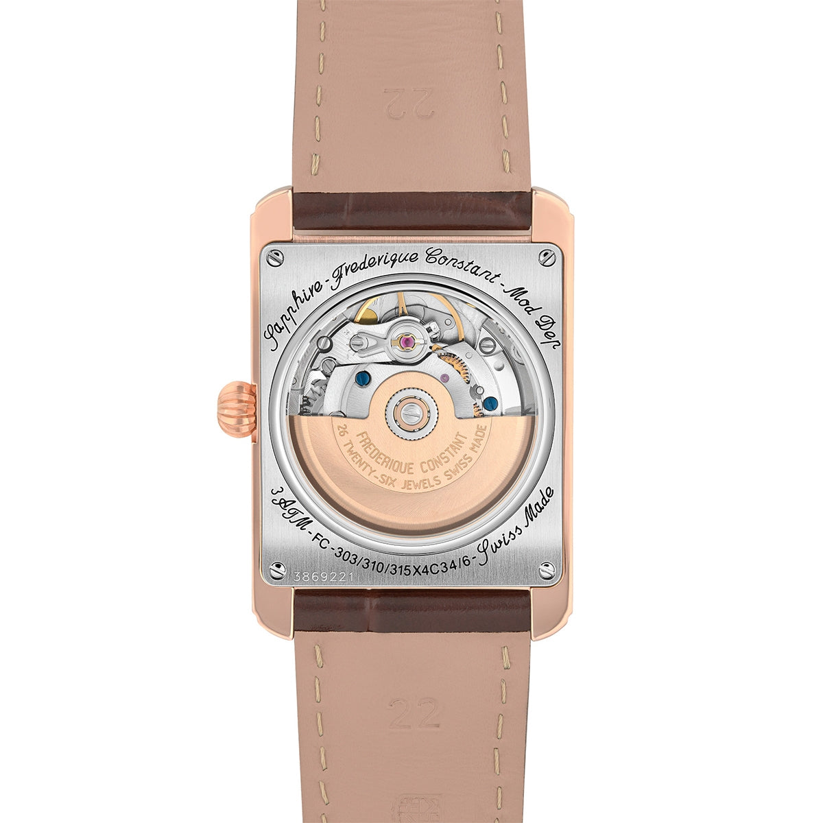 Frederique Constant Men's Carree Heart Beat Automatic Rose Gold-Tone Stainless Steel watch with White Dial & Brown front view