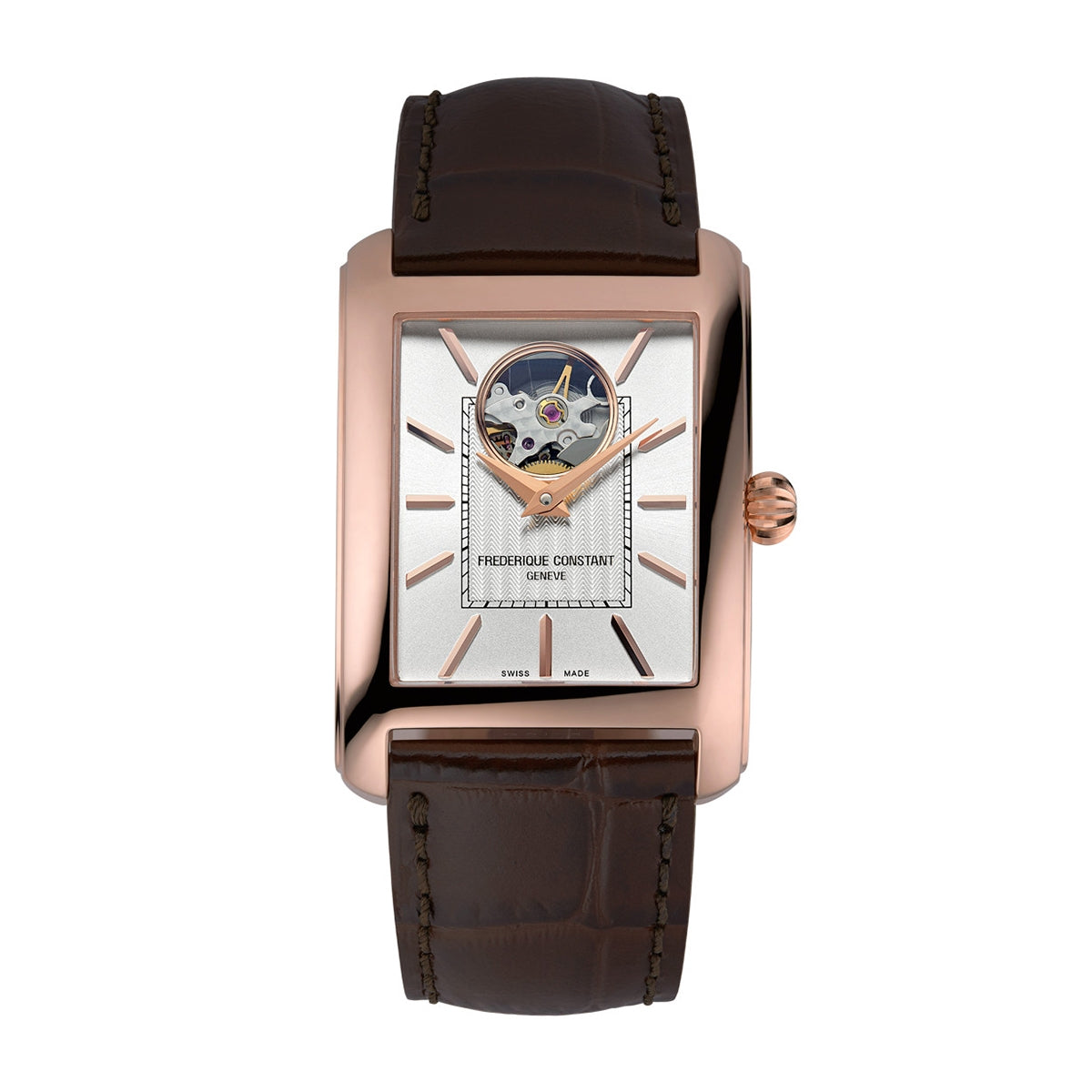 Frederique Constant Men's Carree Heart Beat Automatic Rose Gold-Tone Stainless Steel watch with White Dial & Brown Leather