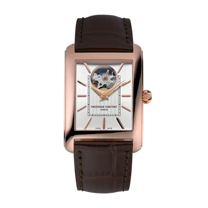 Frederique Constant Men's Carree Heart Beat Automatic Rose Gold-Tone Stainless Steel watch with White Dial & Brown Leather