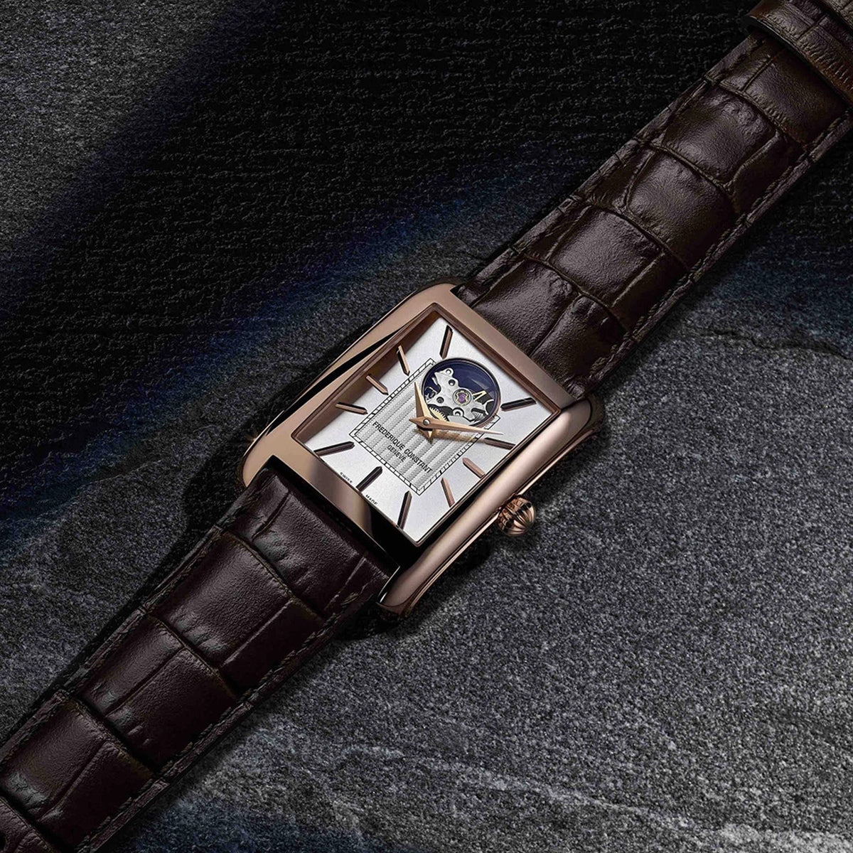 Frederique Constant Men's Carree Heart Beat Automatic Rose Gold-Tone Stainless Steel watch with White Dial close-up detail