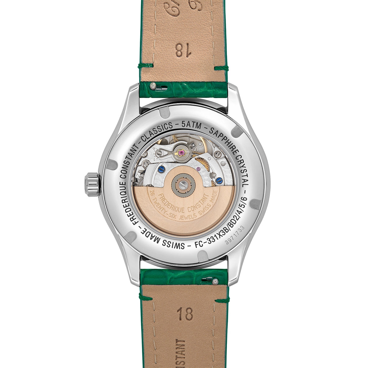Frederique Constant Ladies' Elegance Luna Automatic Stainless Steel Watch with White Dial & Green Leather Strap front view