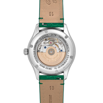 Frederique Constant Ladies' Elegance Luna Automatic Stainless Steel Watch with White Dial & Green Leather Strap front view
