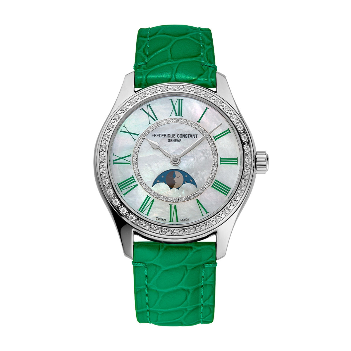 Frederique Constant Ladies' Elegance Luna Automatic Stainless Steel Watch with White Dial & Green Leather Strap