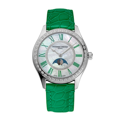 Frederique Constant Ladies' Elegance Luna Automatic Stainless Steel Watch with White Dial & Green Leather Strap
