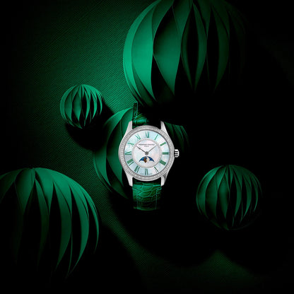 Frederique Constant Ladies' Elegance Luna Automatic Stainless Steel Watch with White Dial & Green Leather close-up detail