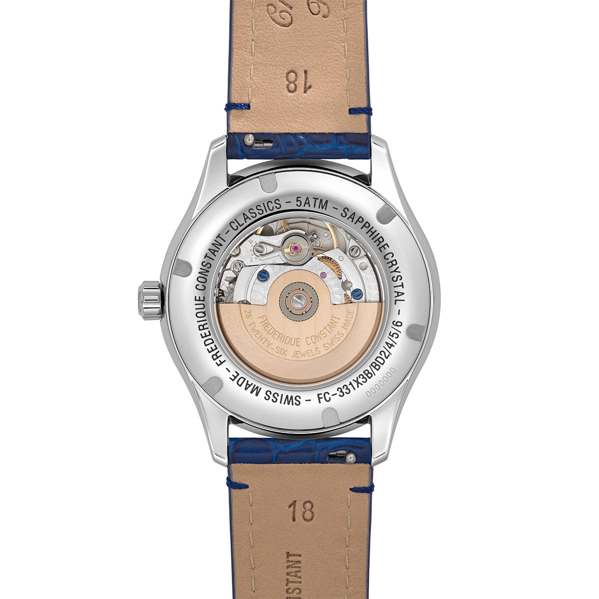 Frederique Constant Ladies' Elegance Luna Automatic Stainless Steel Watch with White Dial & Blue Leather Strap front view