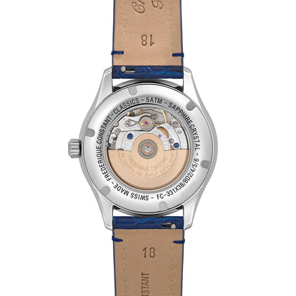 Frederique Constant Ladies' Elegance Luna Automatic Stainless Steel Watch with White Dial & Blue Leather Strap front view