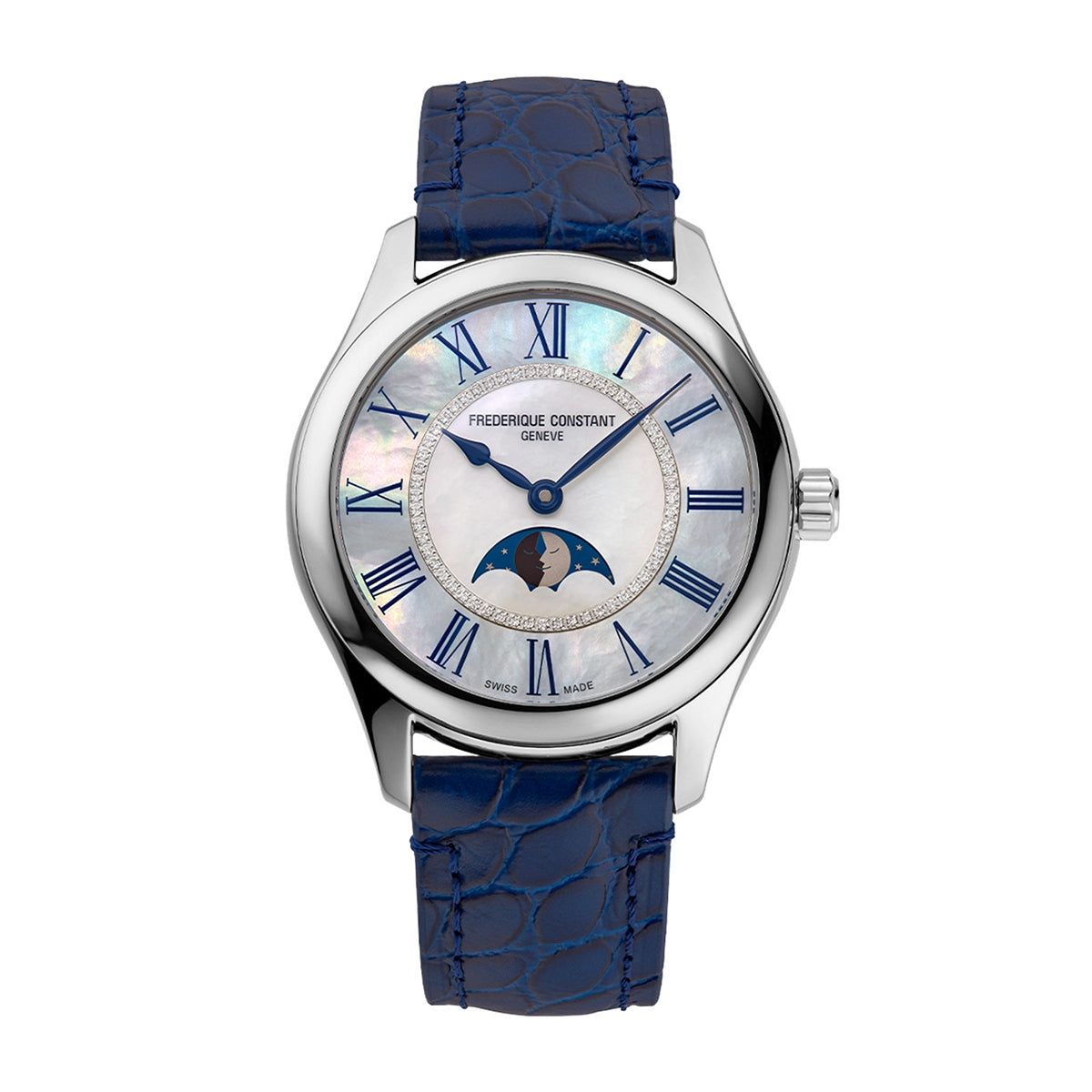 Frederique Constant Ladies' Elegance Luna Automatic Stainless Steel Watch with White Dial & Blue Leather Strap