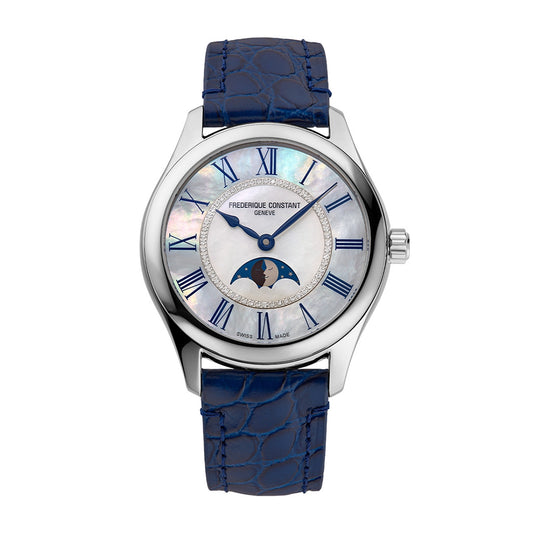 Frederique Constant Ladies' Elegance Luna Automatic Stainless Steel Watch with White Dial & Blue Leather Strap