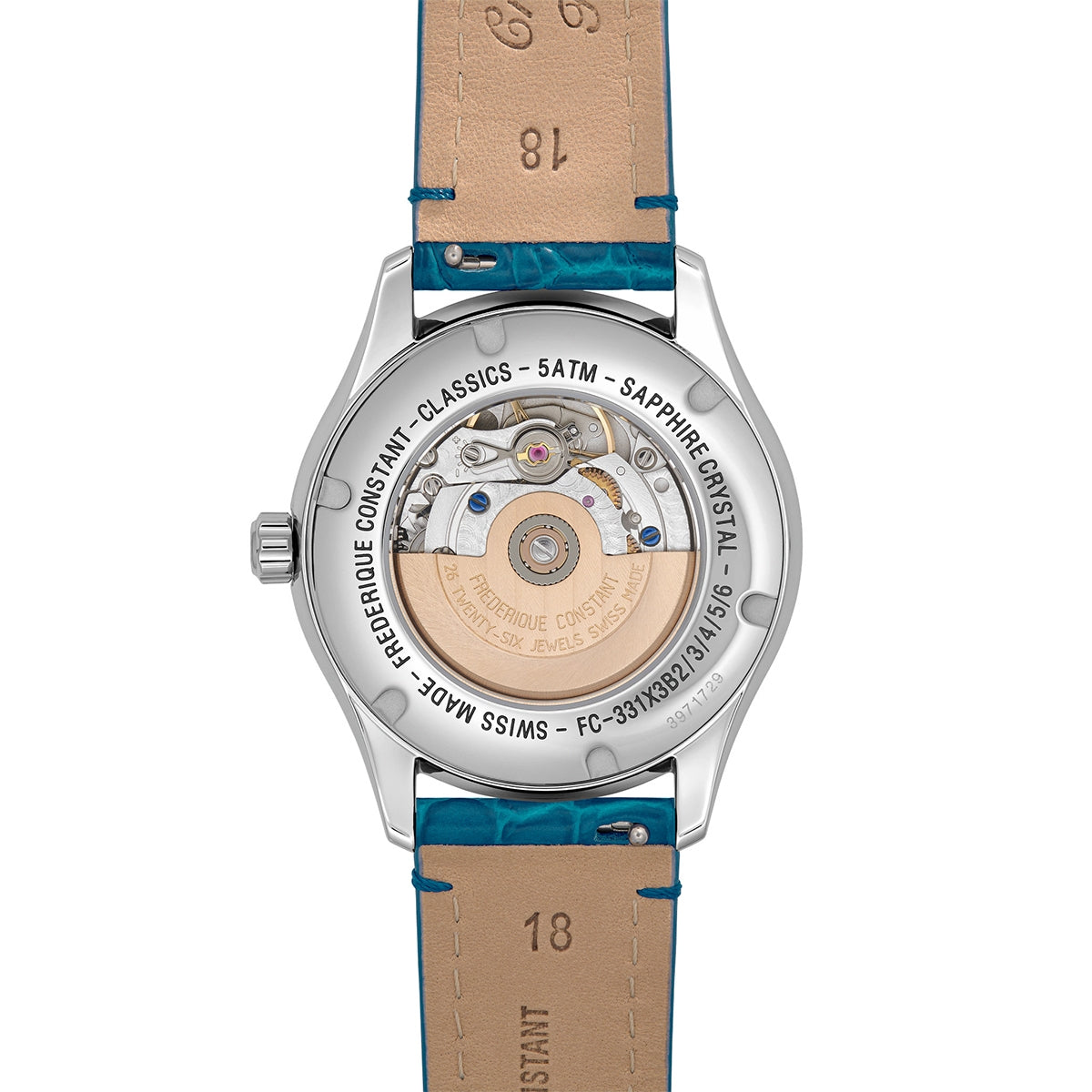 Frederique Constant Ladies' Elegance Luna Automatic Stainless Steel Watch with White Dial & Teal Leather Strap front view