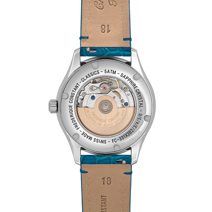 Frederique Constant Ladies' Elegance Luna Automatic Stainless Steel Watch with White Dial & Teal Leather Strap front view