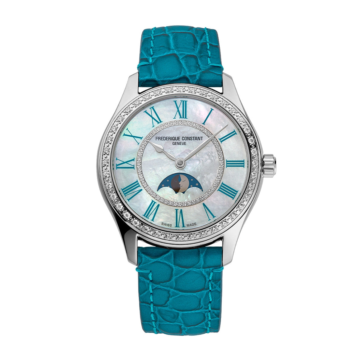 Frederique Constant Ladies' Elegance Luna Automatic Stainless Steel Watch with White Dial & Teal Leather Strap