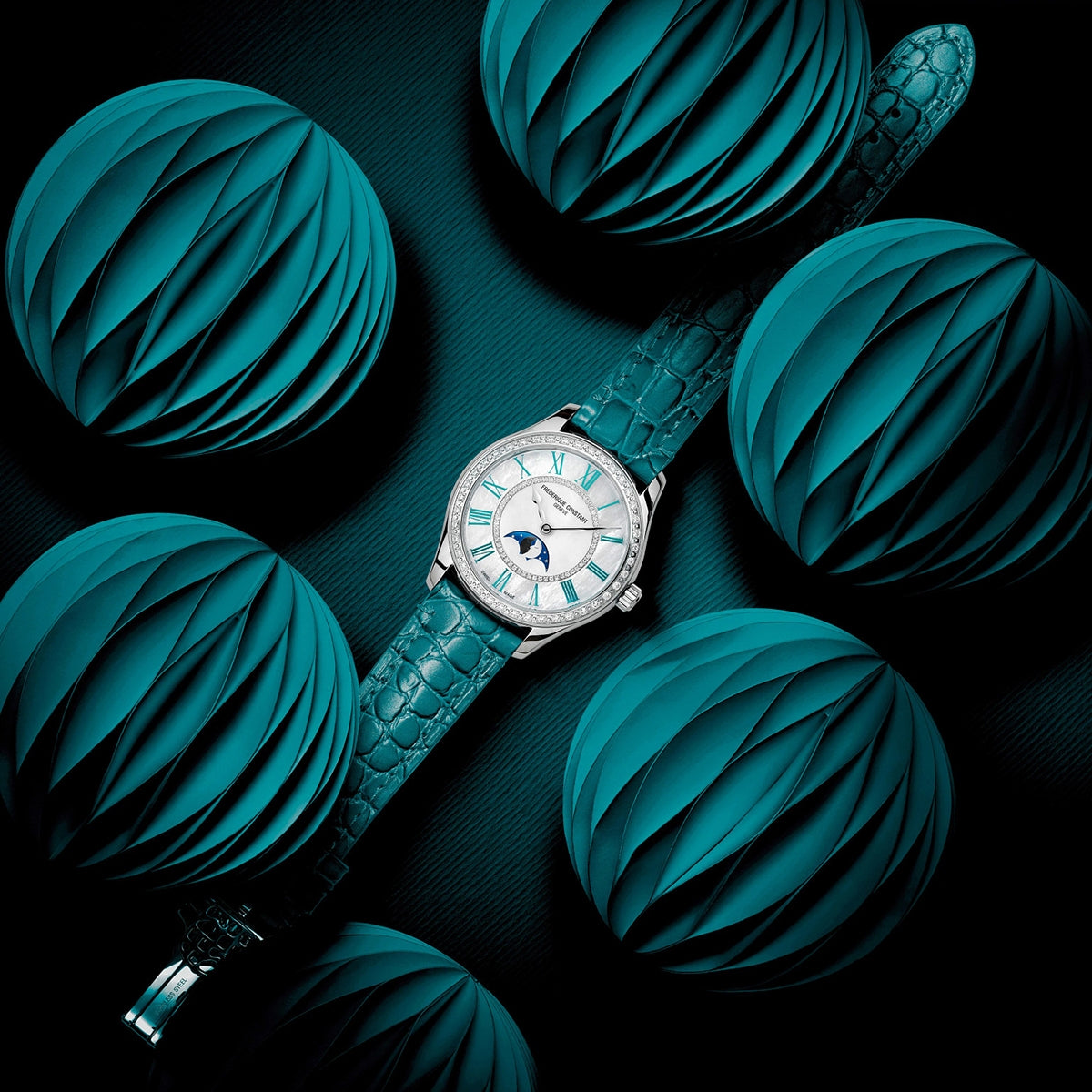 Frederique Constant Ladies' Elegance Luna Automatic Stainless Steel Watch with White Dial & Teal Leather close-up detail