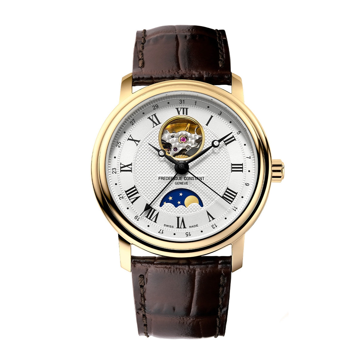 Frederique Constant Men's Classics Heart Beat Moonphase Gold-Tone Stainless Steel Watch with Silver Dial & Brown Leather
