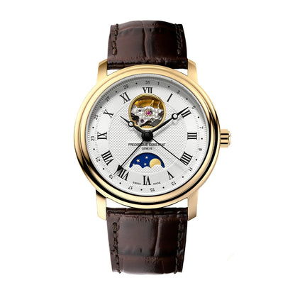 Frederique Constant Men's Classics Heart Beat Moonphase Gold-Tone Stainless Steel Watch with Silver Dial & Brown Leather