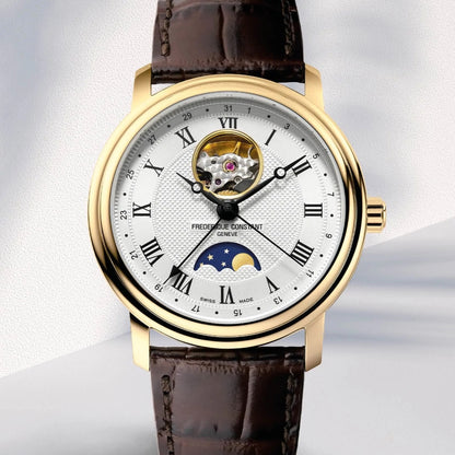 Frederique Constant Men's Classics Heart Beat Moonphase Gold-Tone Stainless Steel Watch with Silver Dial close-up detail