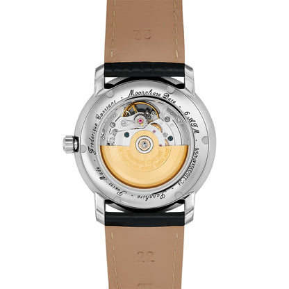 Frederique Constant Men's Classics Heart Beat Moonphase Stainless Steel Watch with Silver Dial & Black Leather front view