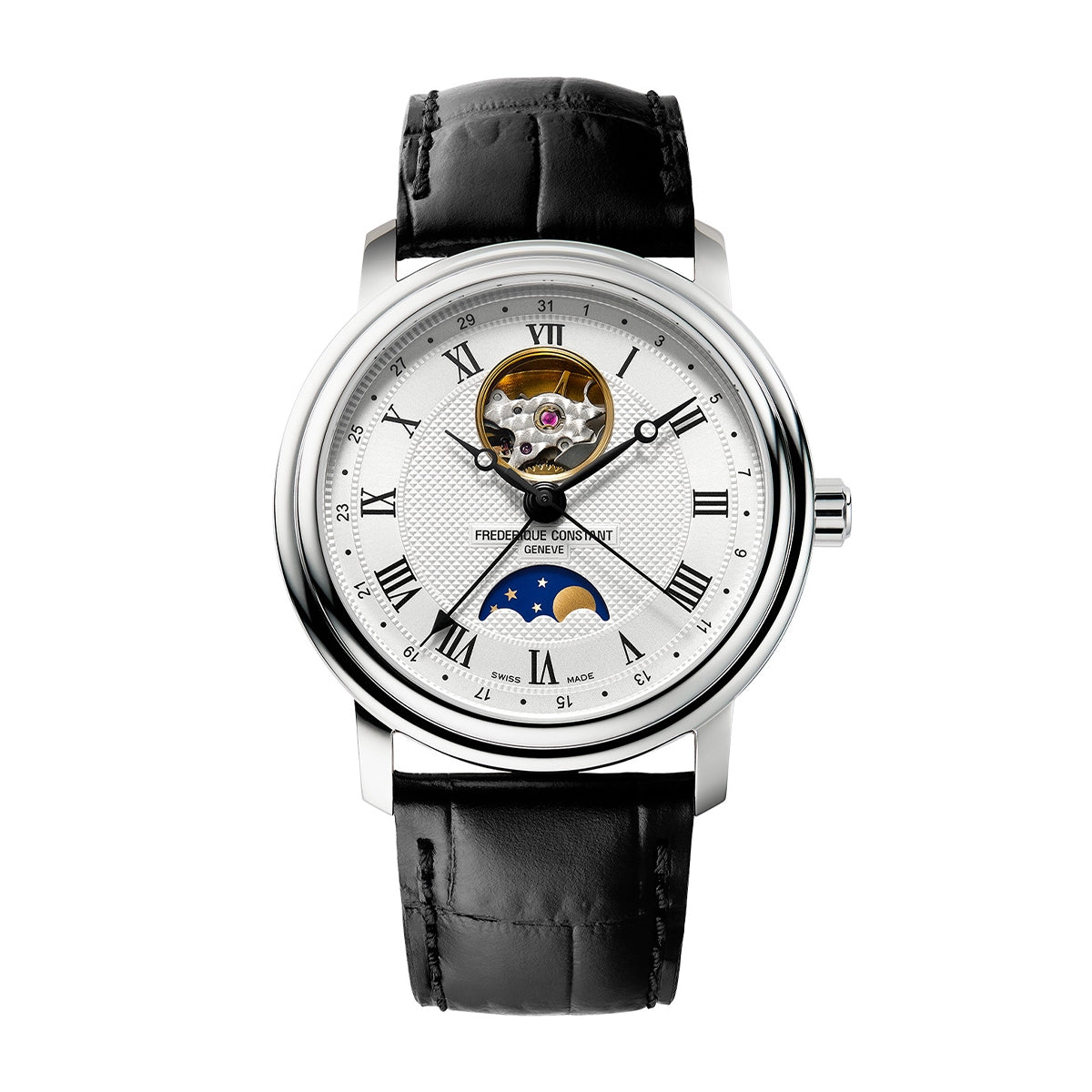 Frederique Constant Men's Classics Heart Beat Moonphase Stainless Steel Watch with Silver Dial & Black Leather Strap