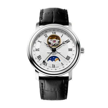Frederique Constant Men's Classics Heart Beat Moonphase Stainless Steel Watch with Silver Dial & Black Leather Strap