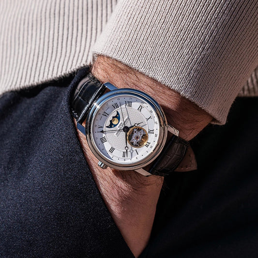 Frederique Constant Men's Classics Heart Beat Moonphase Stainless Steel Watch with Silver Dial & Black close-up detail