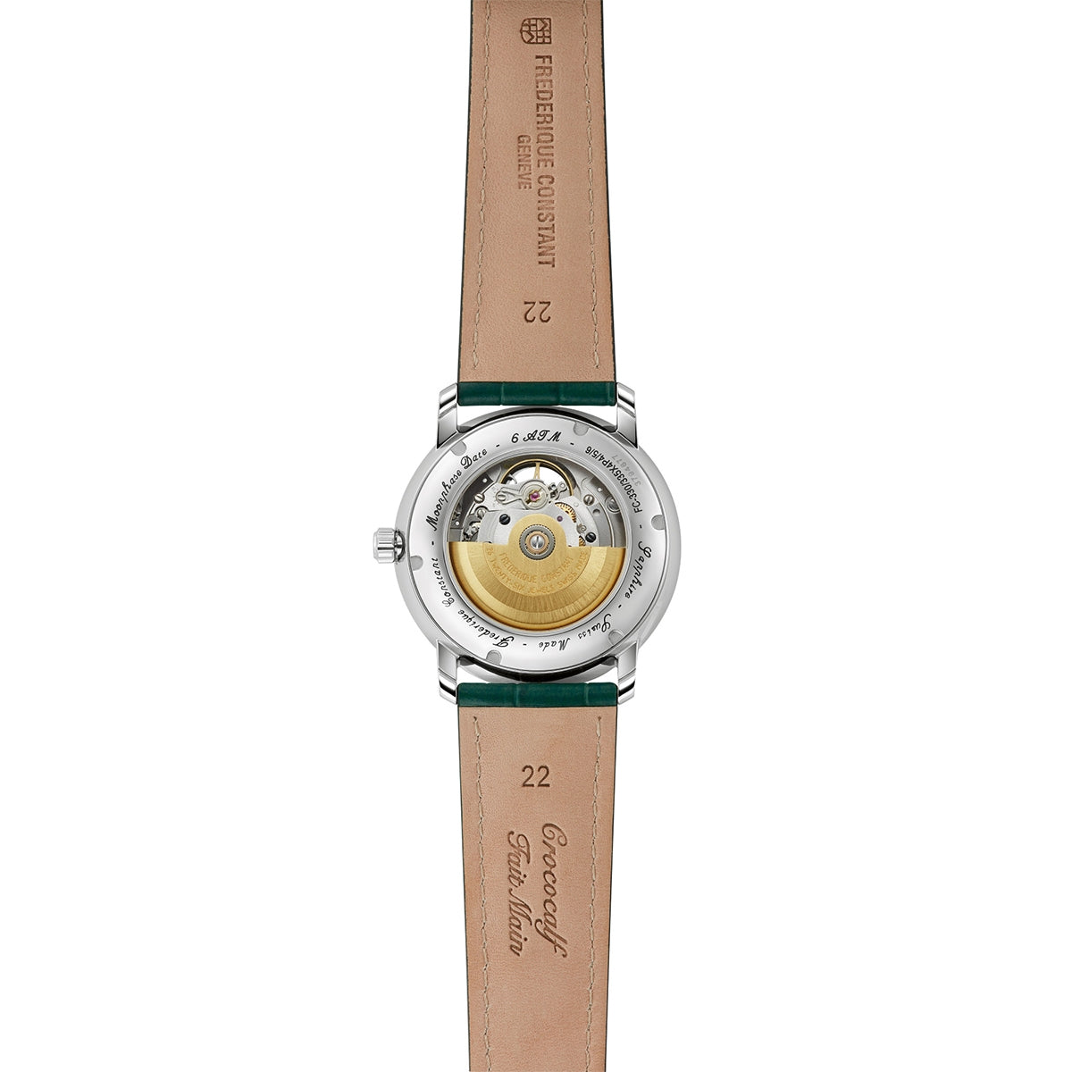 Frederique Constant Men's Classics Heart Beat Moonphase Stainless Steel Watch with Green Dial & Leather Strap front view