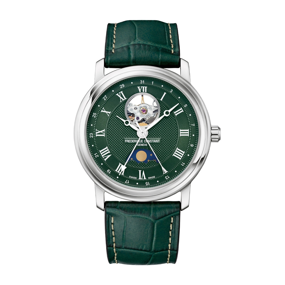 Frederique Constant Men's Classics Heart Beat Moonphase Stainless Steel Watch with Green Dial & Leather Strap
