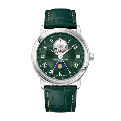 Frederique Constant Men's Classics Heart Beat Moonphase Stainless Steel Watch with Green Dial & Leather Strap