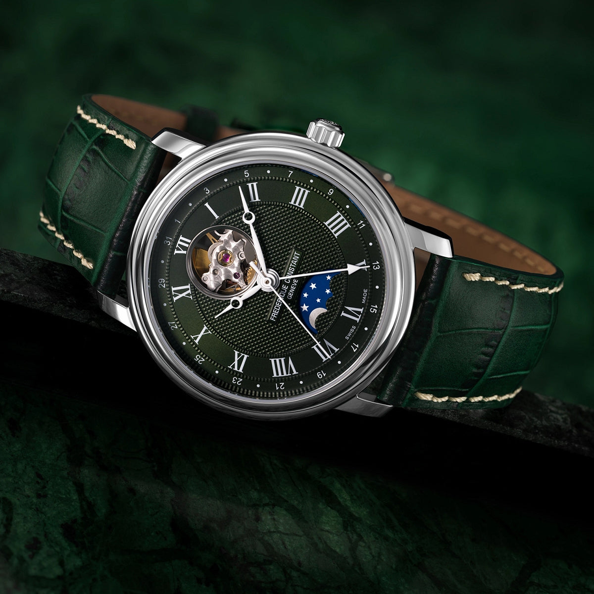 Frederique Constant Men's Classics Heart Beat Moonphase Stainless Steel Watch with Green Dial & Leather Strap close-up detail