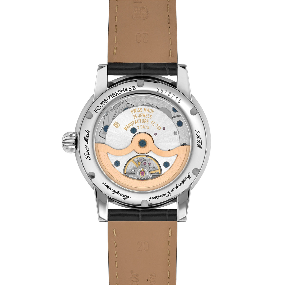 Frederique Constant Men's Classic Date Manufacture Stainless Steel Watch with Black Dial & Black Leather Strap front view