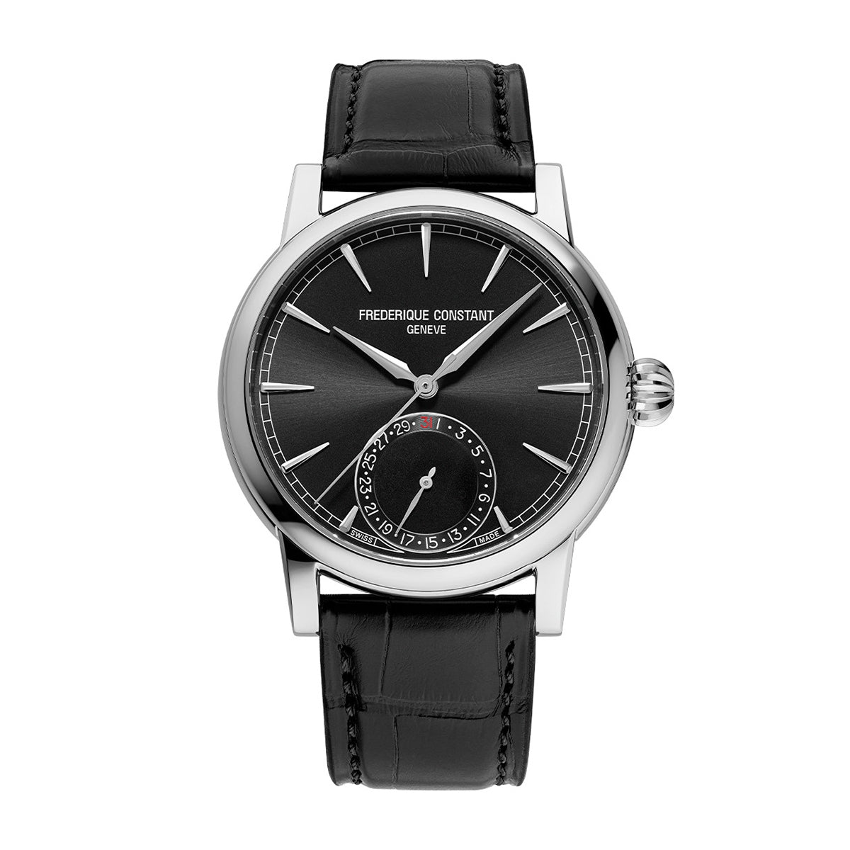 Frederique Constant Men's Classic Date Manufacture Stainless Steel Watch with Black Dial & Black Leather Strap