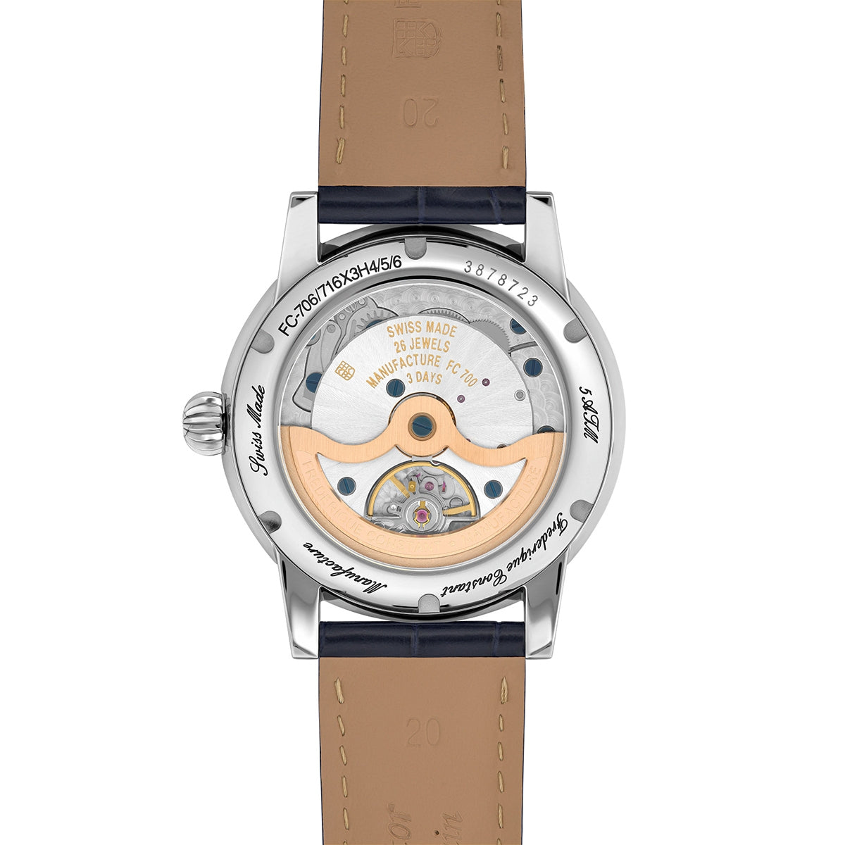 Frederique Constant Men's Classic Date Manufacture Stainless Steel Watch with Silver Dial & Blue Leather Strap front view
