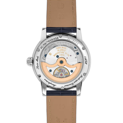 Frederique Constant Men's Classic Date Manufacture Stainless Steel Watch with Silver Dial & Blue Leather Strap front view