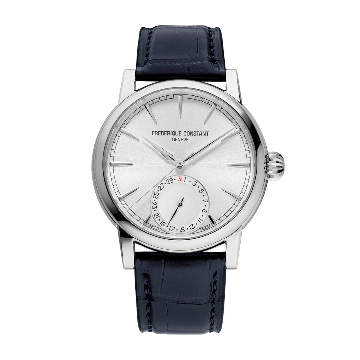 Frederique Constant Men's Classic Date Manufacture Stainless Steel Watch with Silver Dial & Blue Leather Strap