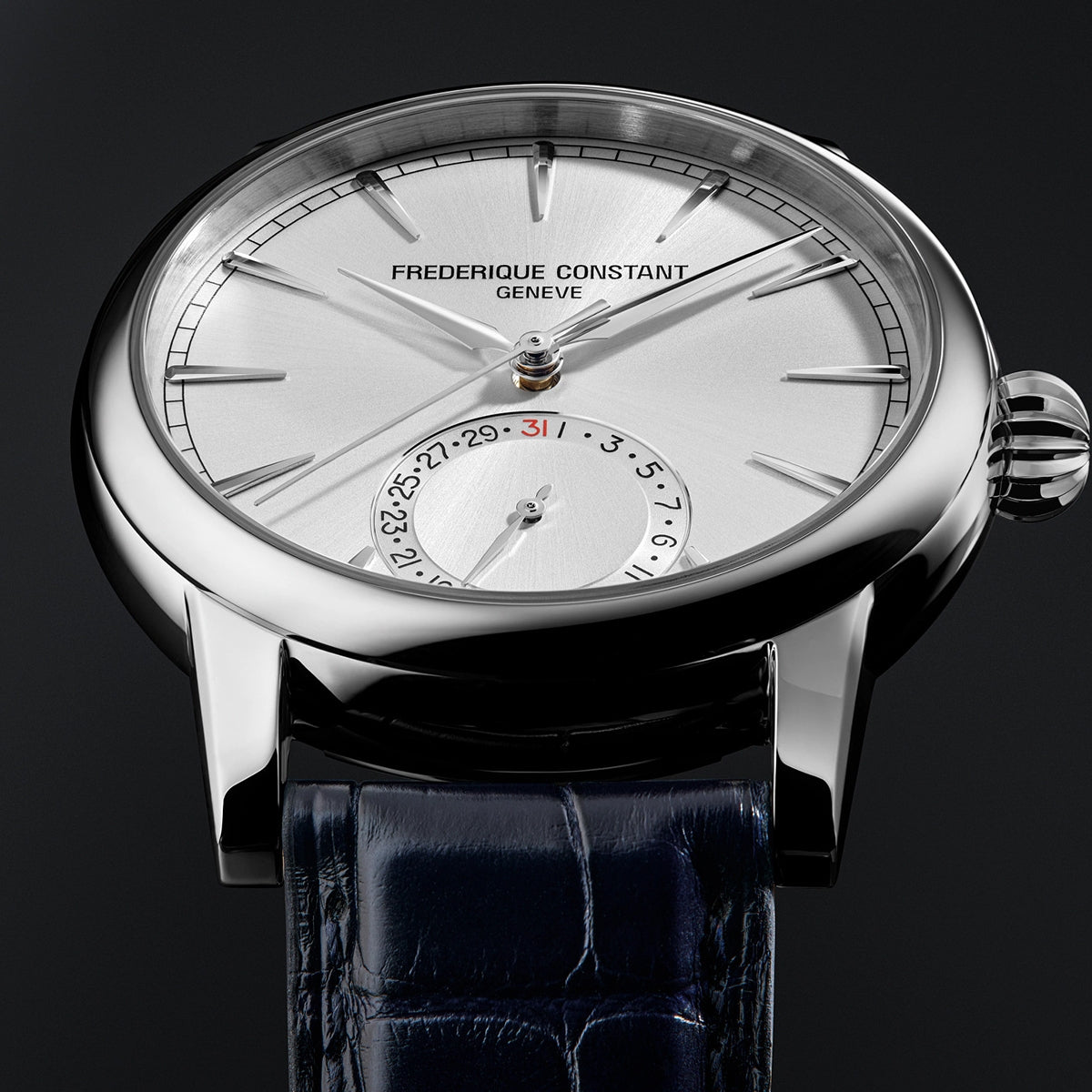 Frederique Constant Men's Classic Date Manufacture Stainless Steel Watch with Silver Dial & Blue Leather close-up detail