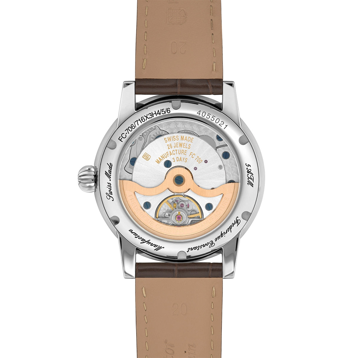 Frederique Constant Men's Classic Date Manufacture Stainless Steel Watch with Salmon Dial & Brown Leather Strap front view