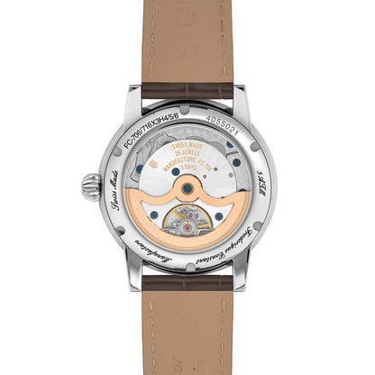 Frederique Constant Men's Classic Date Manufacture Stainless Steel Watch with Salmon Dial & Brown Leather Strap front view