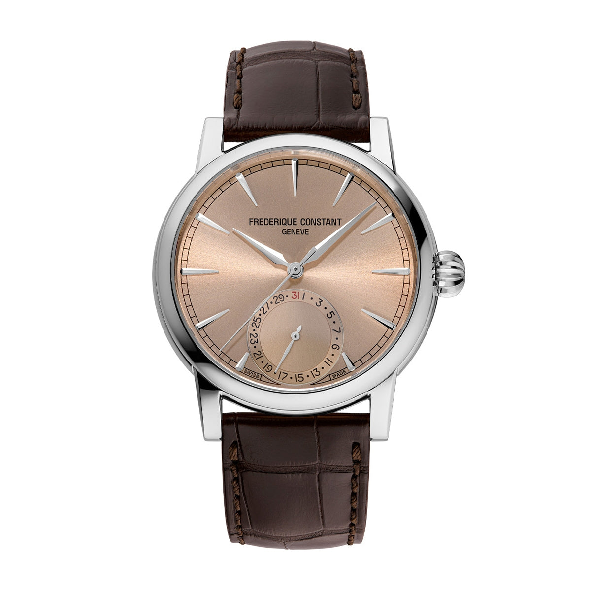 Frederique Constant Men's Classic Date Manufacture Stainless Steel Watch with Salmon Dial & Brown Leather Strap