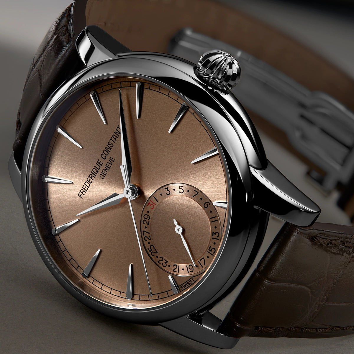Frederique Constant Men's Classic Date Manufacture Stainless Steel Watch with Salmon Dial & Brown Leather close-up detail