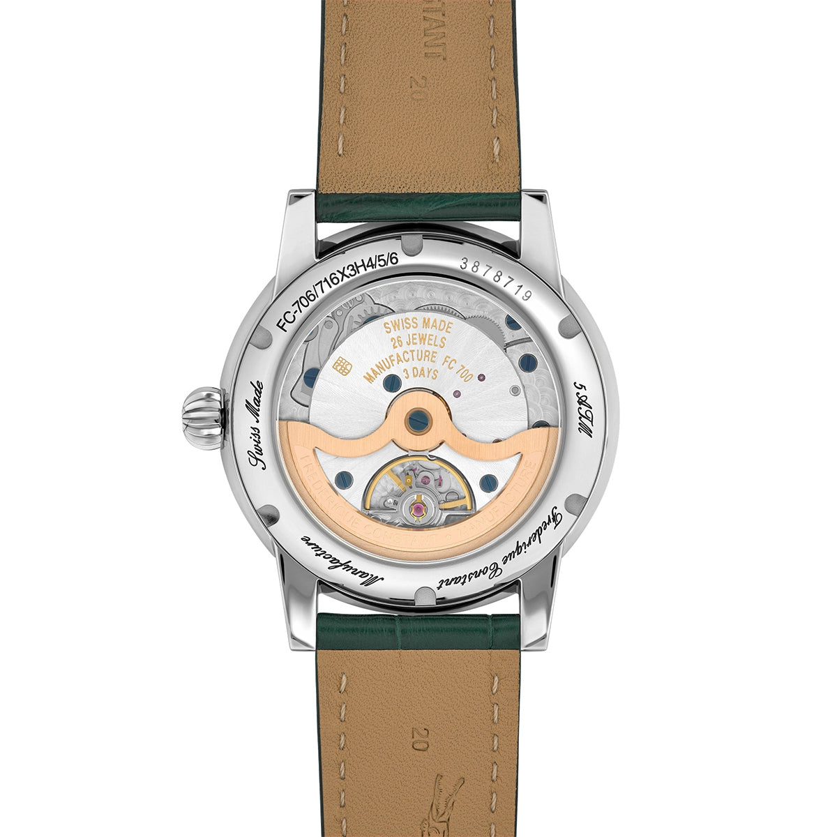 Frederique Constant Men's Moonphase Date Manufacture Stainless Steel Watch with Green Dial & Leather Strap front view