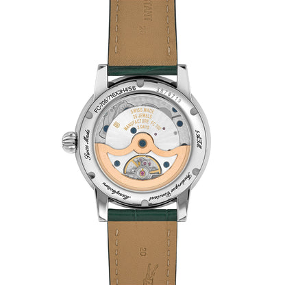 Frederique Constant Men's Moonphase Date Manufacture Stainless Steel Watch with Green Dial & Leather Strap front view