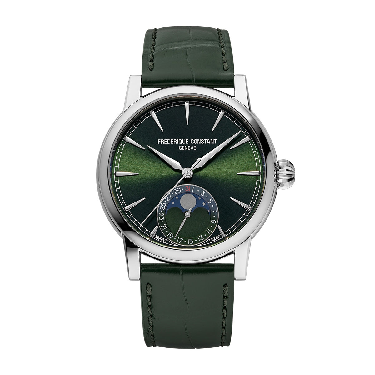 Frederique Constant Men's Moonphase Date Manufacture Stainless Steel Watch with Green Dial & Leather Strap