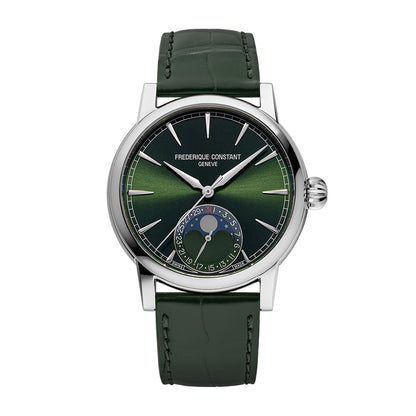 Frederique Constant Men's Moonphase Date Manufacture Stainless Steel Watch with Green Dial & Leather Strap