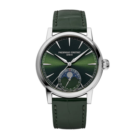 Frederique Constant Men's Moonphase Date Manufacture Stainless Steel Watch with Green Dial & Leather Strap