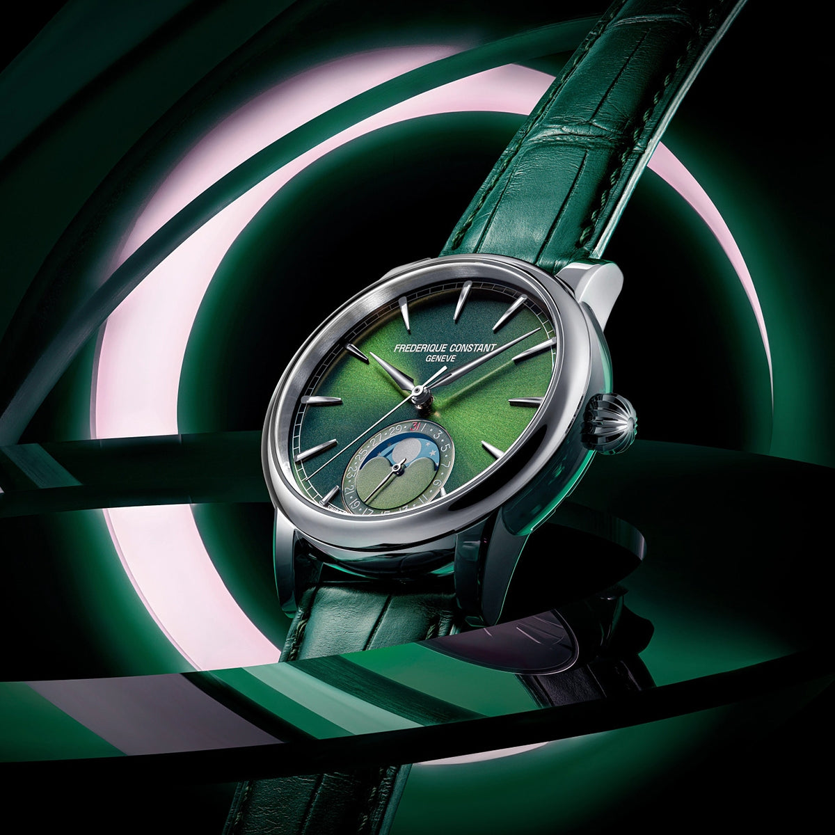 Frederique Constant Men's Moonphase Date Manufacture Stainless Steel Watch with Green Dial & Leather Strap close-up detail