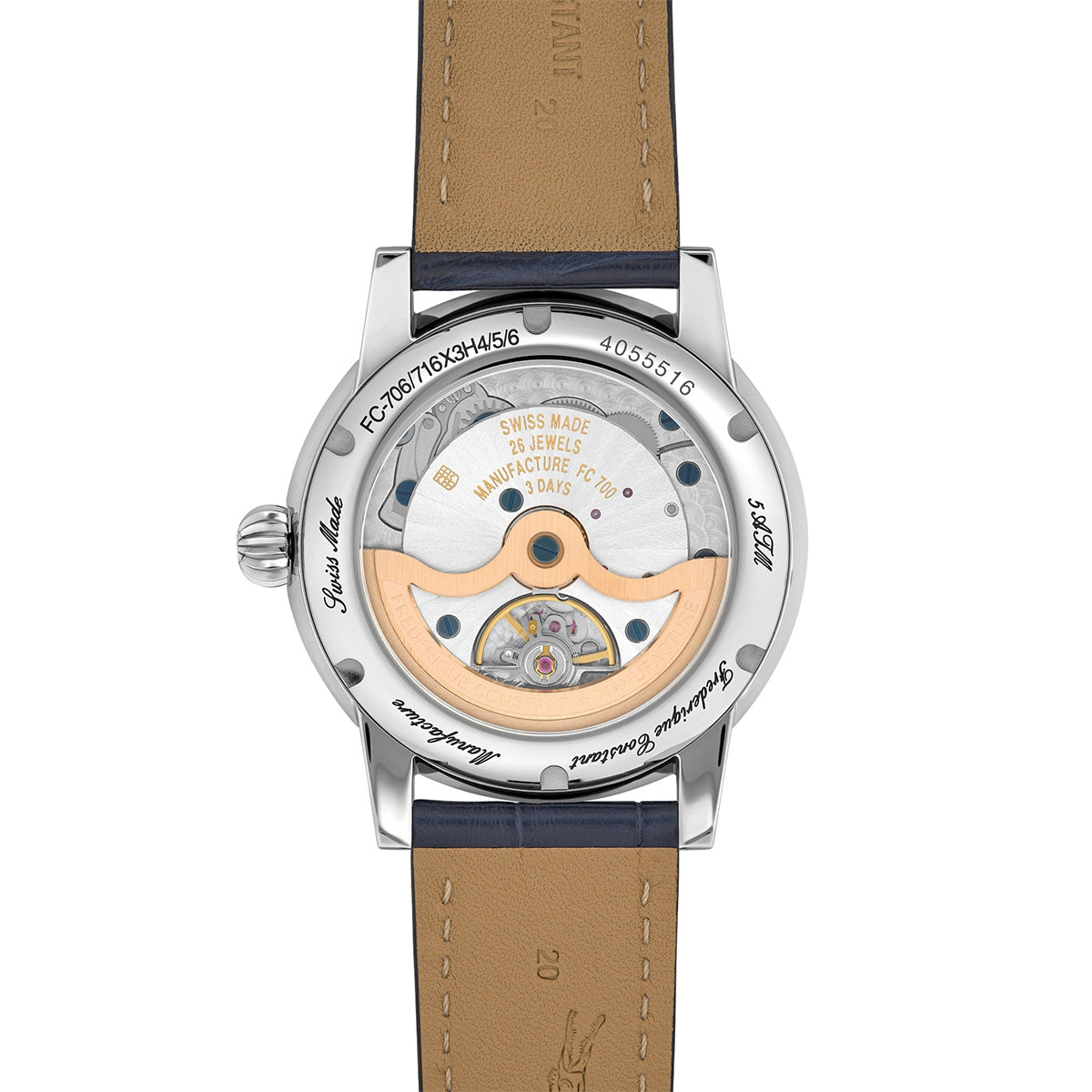 Frederique Constant Men's Moonphase Date Manufacture Stainless Steel Watch with Blue Dial & Leather Strap front view